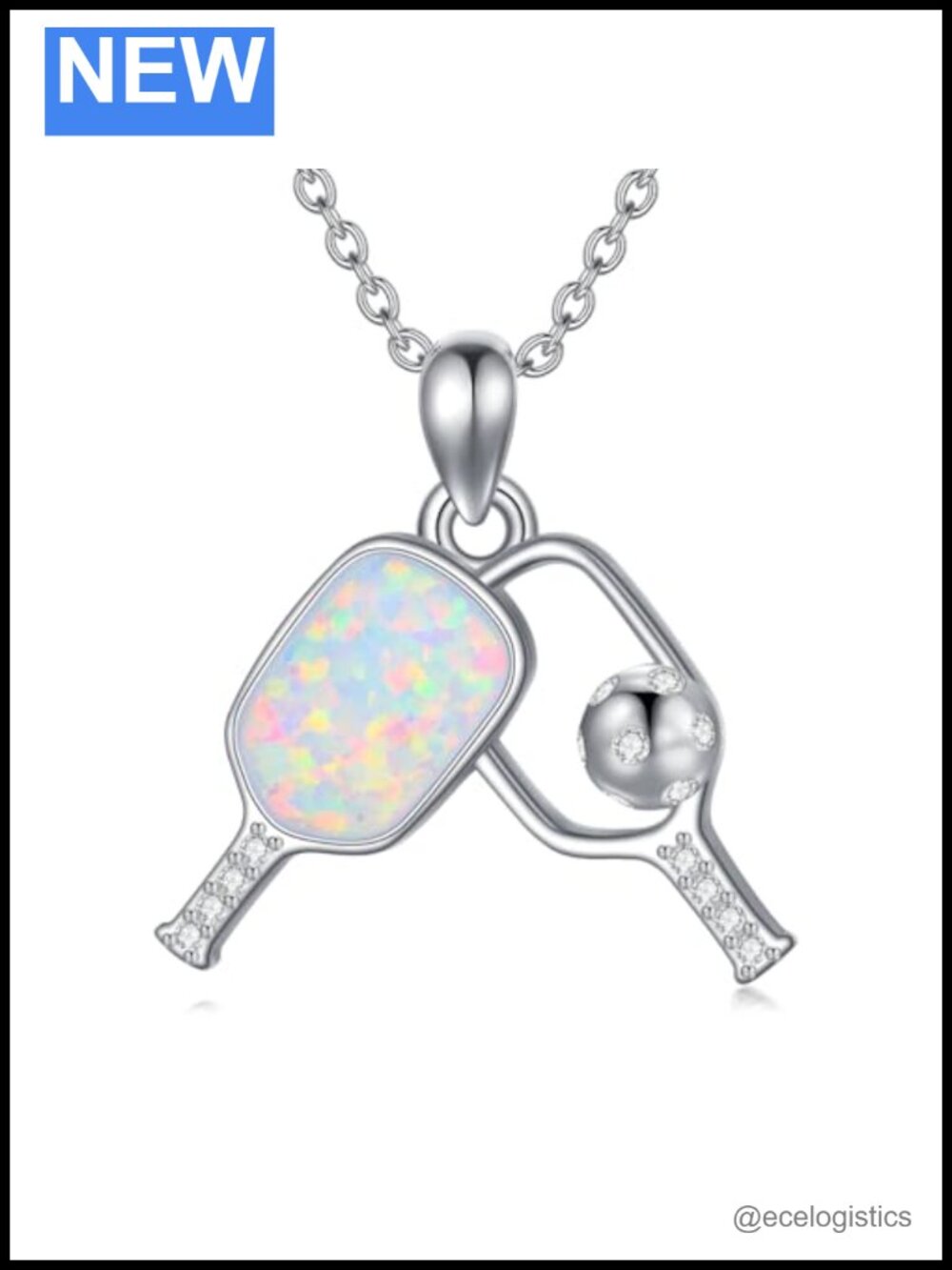 Sterling Silver Opal Pickleball Pendant Necklace Sports Jewelry Gift